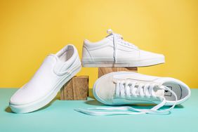 Three white tennis shoes on a yellow and teal background