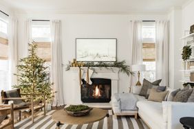 Gorgeous Holiday Mantel in Minimalist Living Room with Christmas Tree