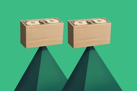two green pyramids, each with a stack of money on the tip, against a green background