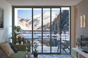 House by the mountain lake living room with snow scene and plants