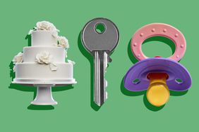 wedding cake keys and a pacifier on a green background