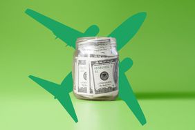 jar of hundred dollar bills on an airplane background